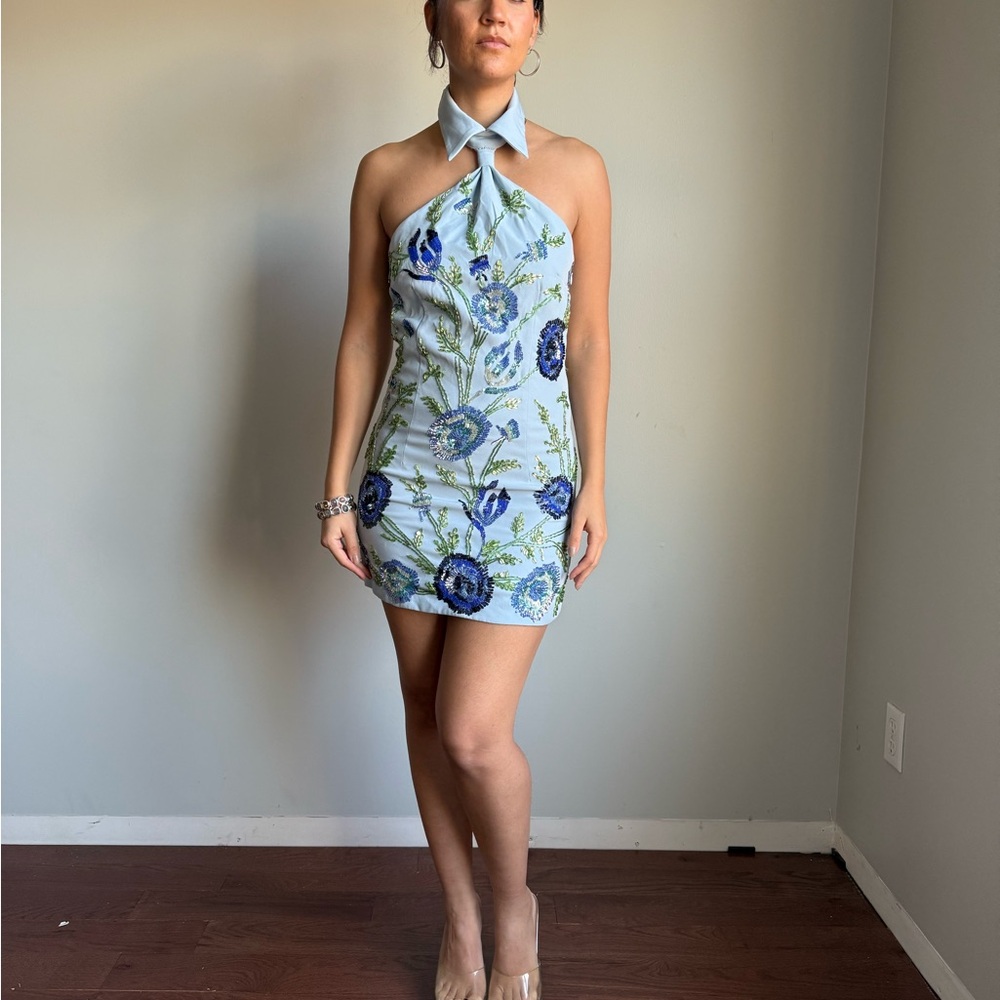 Strapless Blue Floral Dress